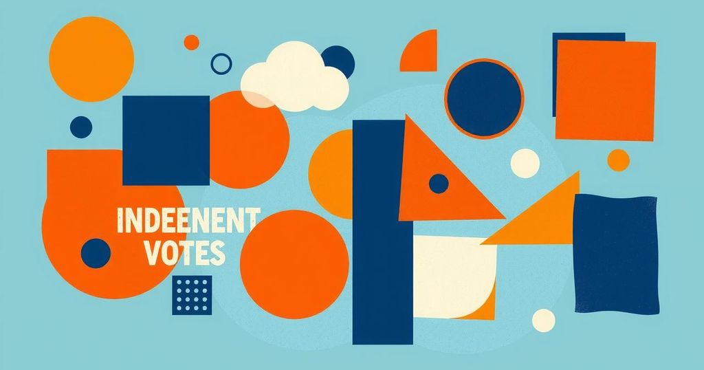 Abstract art showcasing diverse abstract shapes symbolising independent voters, with a blue and orange color palette.
