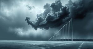 A desolate fundraising graph overwhelmed by stormy clouds, symbolising uncertainty in liberal donations.