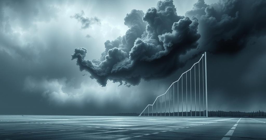 A desolate fundraising graph overwhelmed by stormy clouds, symbolising uncertainty in liberal donations.