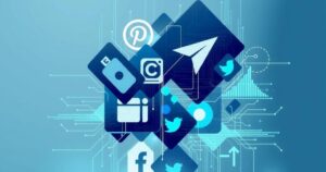 Abstract illustration of social media influence merged with government dynamics, using modern digital art and a blue-grey palette.