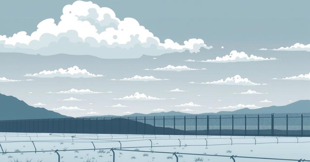 An abstract representation of U.S. border policy changes, showcasing barriers and detention facilities in muted tones.