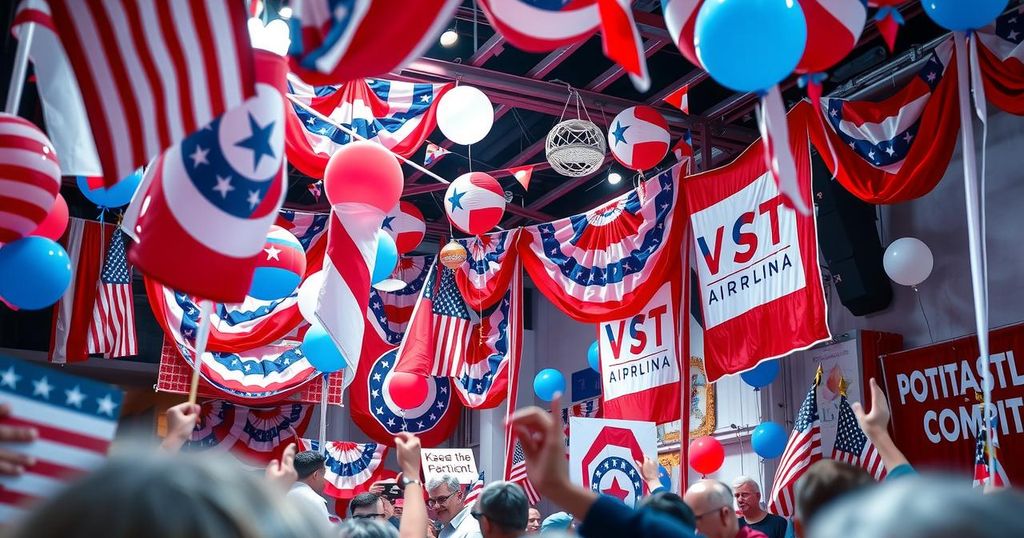 Colourful rally scene with festive decorations, patriotic symbols, and festive atmosphere, capturing political enthusiasm.