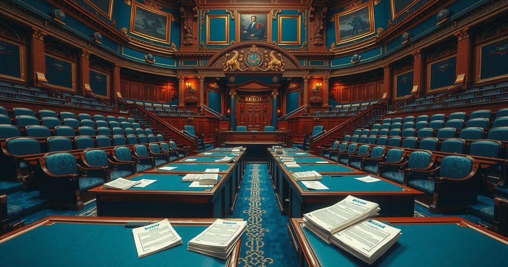 A Senate chamber with empty seats and budget documents scattered on desks, symbolising political debate and decisions.