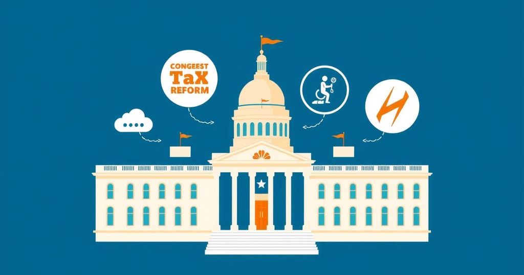 A graphic illustrating Congress with symbolic icons for budget cuts, tax reform, healthcare, and nominations.