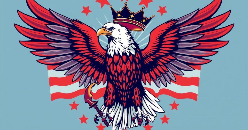 A political symbol featuring an eagle and a crown, surrounded by stars and stripes, in a bold, patriotic red, white, and blue colour scheme.