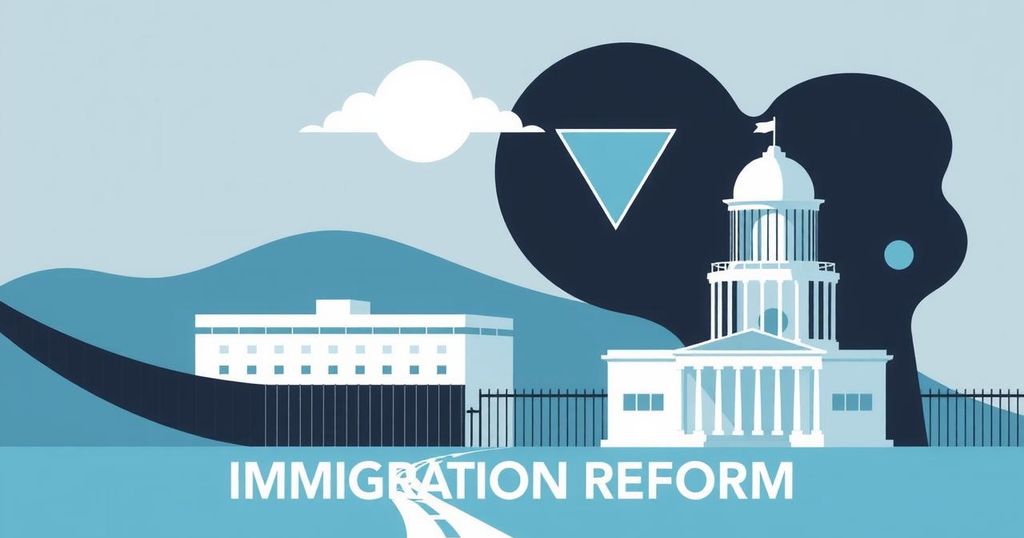 A conceptual representation of U.S. immigration reform, depicting a barrier, detention center, and symbolic courtroom elements.