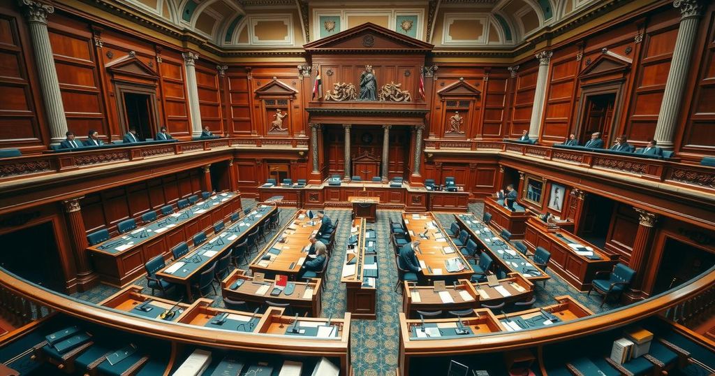 A legislative assembly in a grand building showcasing a mix of political discussions and documents, with stately architecture.