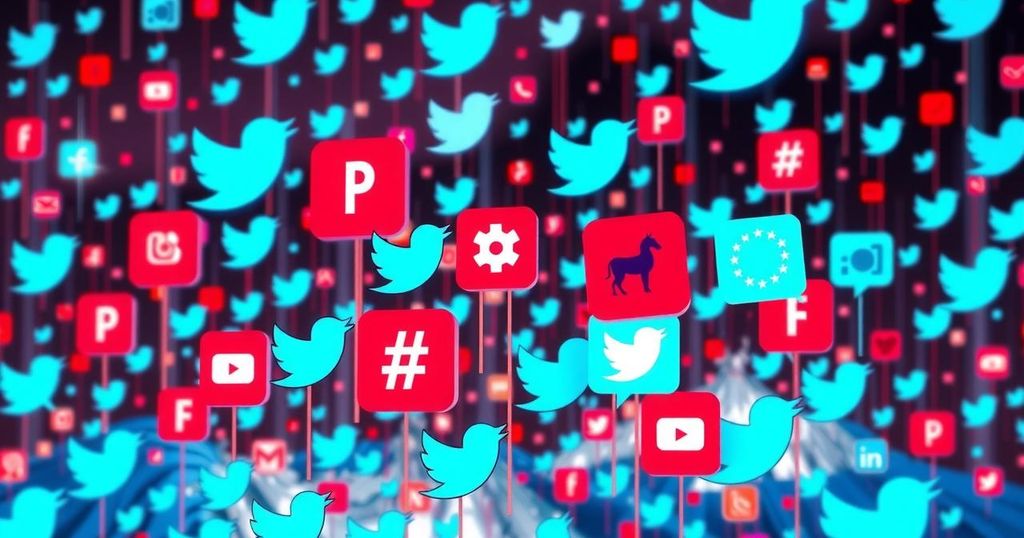 A digital landscape depicting social media's influence in politics with abstract icons and vibrant colours.