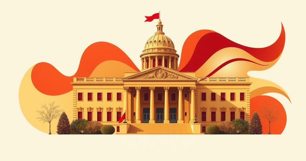 A symbolic representation of political unity and stability featuring an abstract government building in warm colours