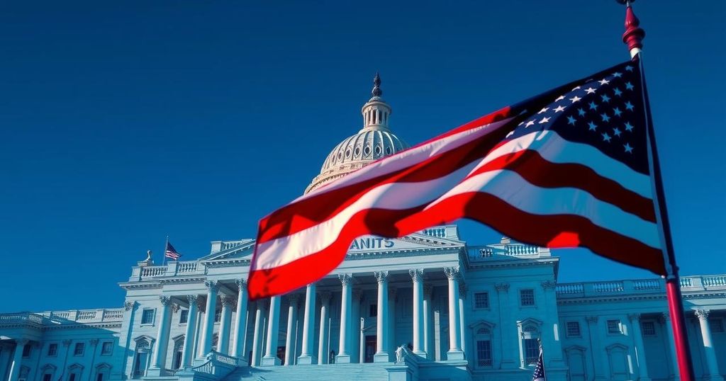 Symbolic representation of political change and legislative power, featuring a monumental building and an American flag.