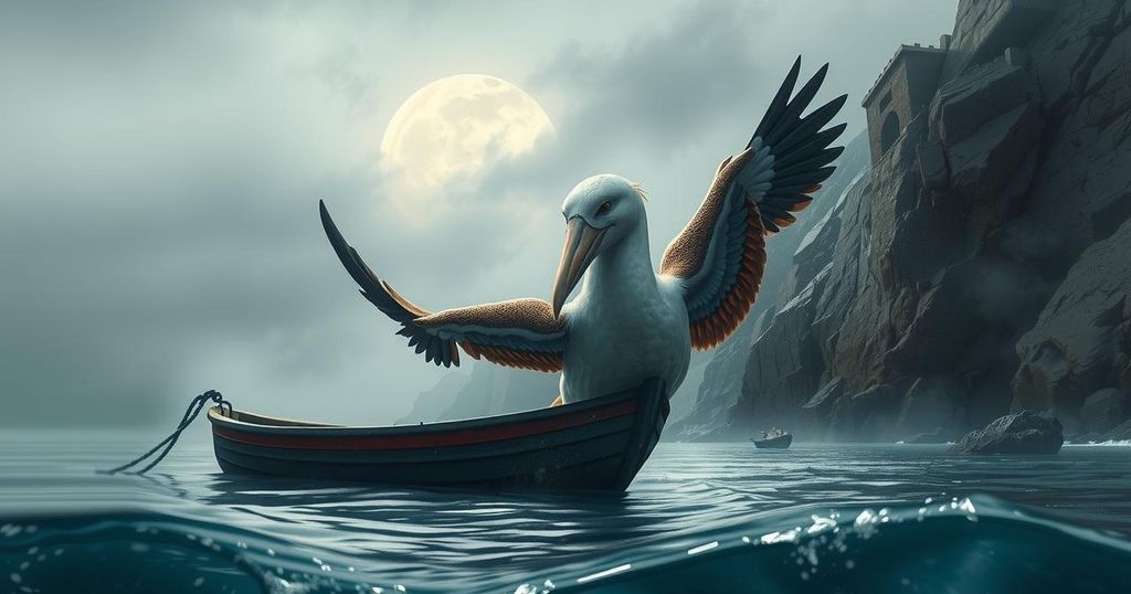 A symbolic representation of political debate, featuring an albatross on a boat near a rocky coast under cloudy skies.