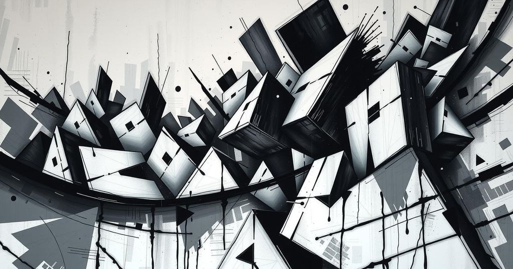 A political landscape showing tension and change with abstract shapes representing chaos and transformation.