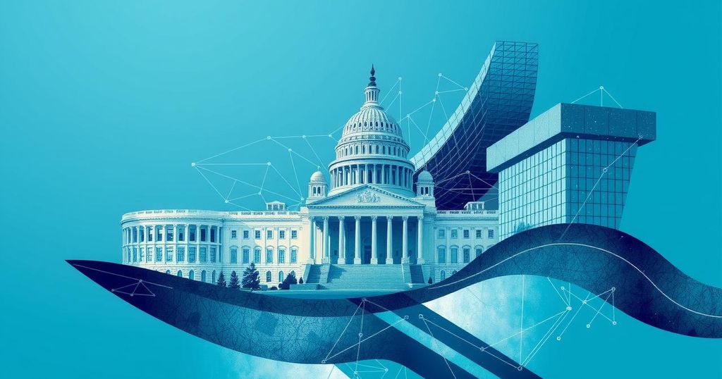 A turbulent political scene with symbolic representations of government and technology, using a modern abstract style and blue tones.