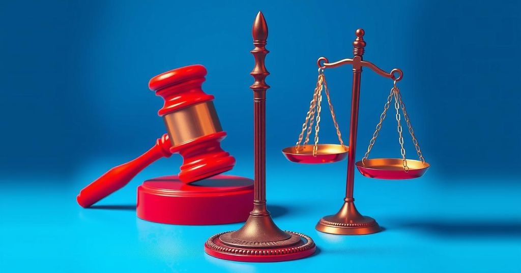 Political debate scene with symbolic elements like a gavel and scales, featuring blue and red colour scheme, digital art.