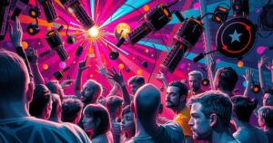 A vibrant depiction of a chaotic party scene with vivid colours, representing chaotic social gatherings and relationships.