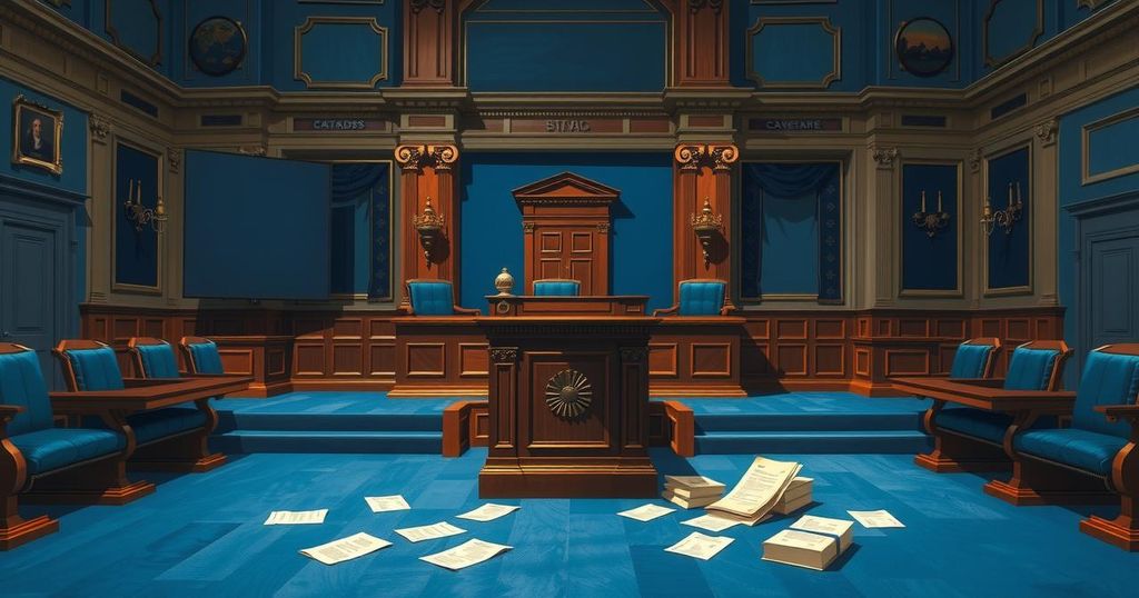 Senate session with documents and an empty podium, illustrating political debate and decision-making process.