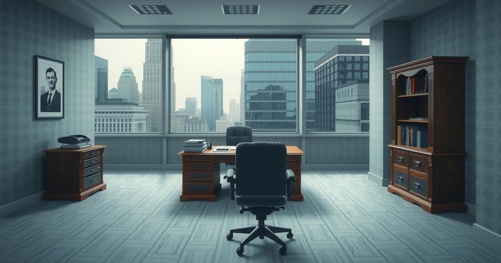A symbolic representation of political turmoil showing an empty mayoral office with a desk, chair, and cityscape backdrop.
