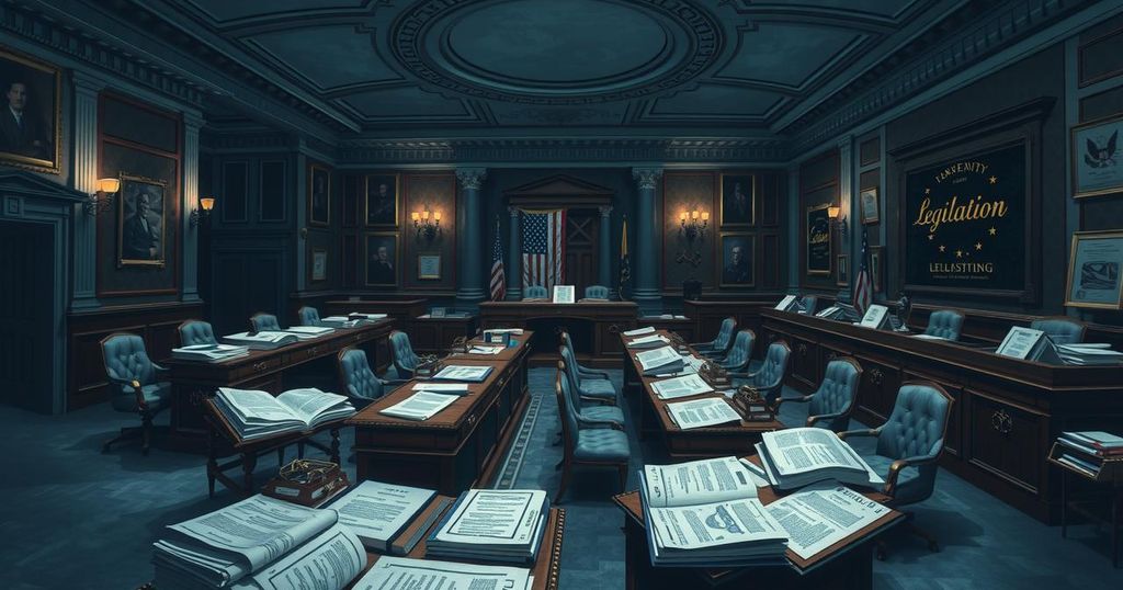 Senate session with documents and legislative symbols, capturing negotiation dynamics in US politics.