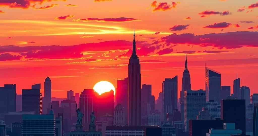 A stylised depiction of New York City skyline at sunset with vibrant colours, showcasing iconic structures and an optimistic atmosphere.