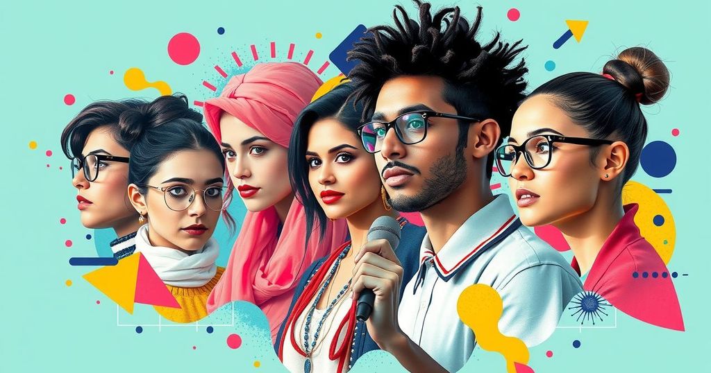 A vibrant digital collage illustrating young people's political engagement on social media, featuring abstract patterns and bright colours.