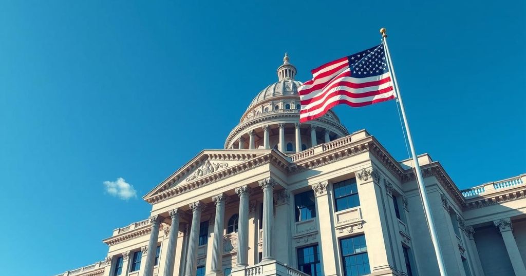 A legislative building with a large American flag, symbolising politics and governance in the U.S.