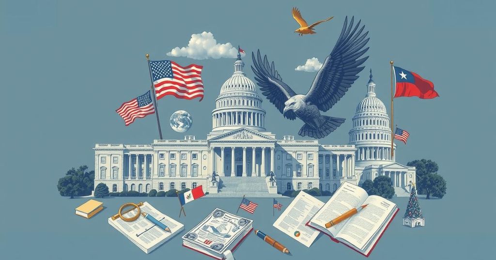 A collage of the U.S. Capitol building, legislative documents, and symbolic imagery representing politics and decision-making.