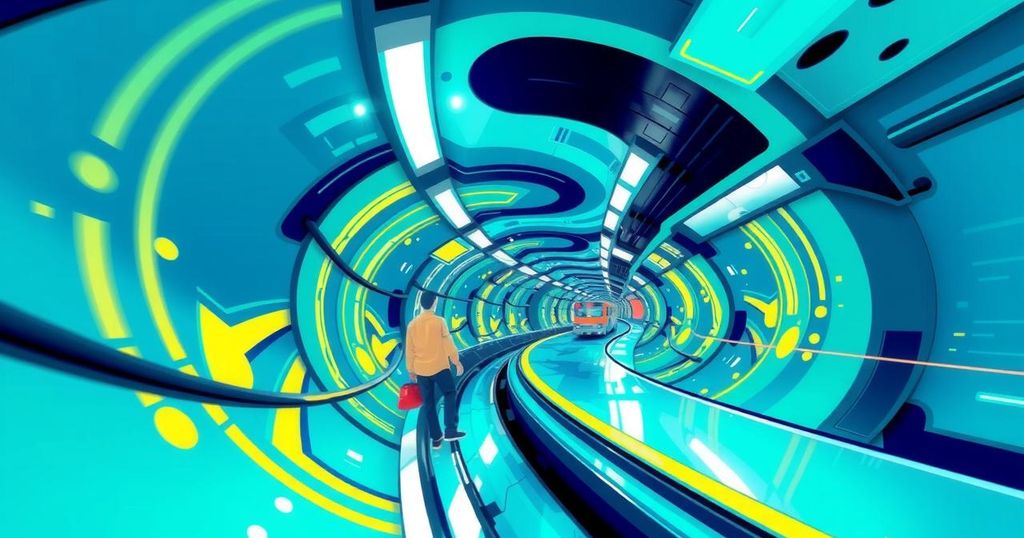 An abstract representation of a futuristic underground transit system, featuring dynamic tunnels and vibrant colours.