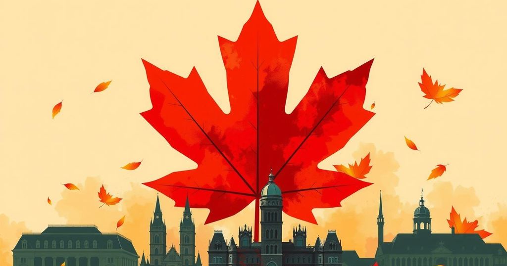 A conceptual illustration of Canadian politics depicting a maple leaf and silhouettes of government buildings, set in autumn hues.
