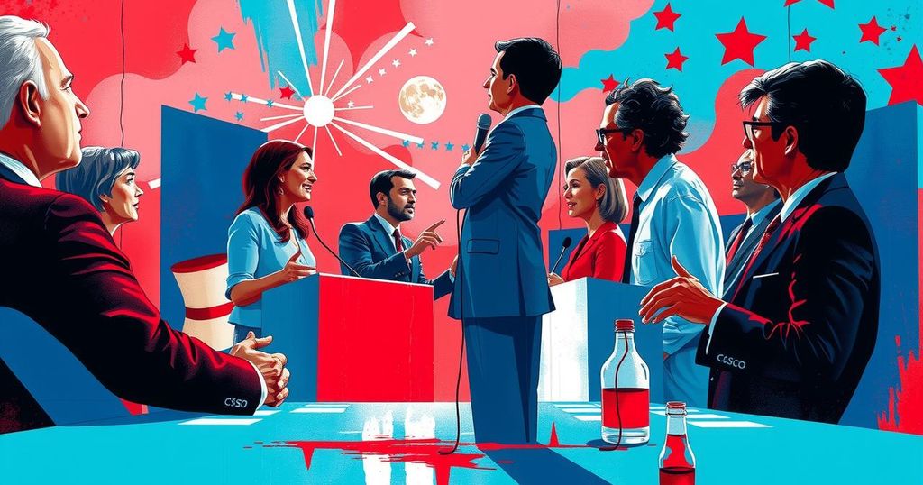 A dynamic debate setting illustrating diverse perspectives on politics, capturing vibrant energy and contrasting ideas.