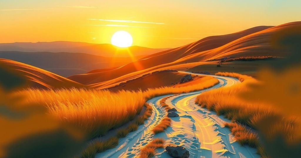 A symbolic representation of political determination with a sunrise, a path forward, and vibrant colours.