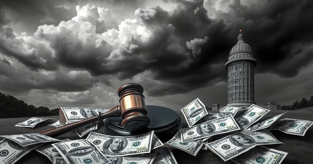 A political landscape with dollar bills, a gavel, and a dark cloud, representing the influence of wealth in politics.