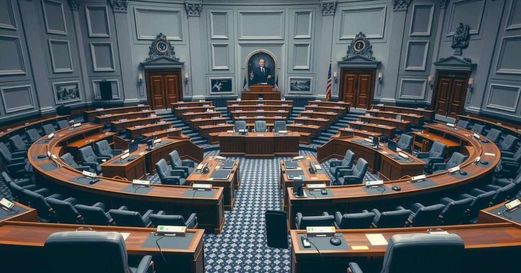 Senate voting session with empty chamber, documents and voting machines highlighting political activity and legislative process.
