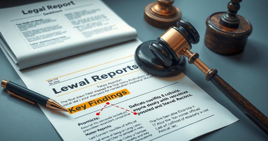 A detailed legal report layout, featuring official documents, key findings, and a gavel, symbolizing inquiry and ethics.