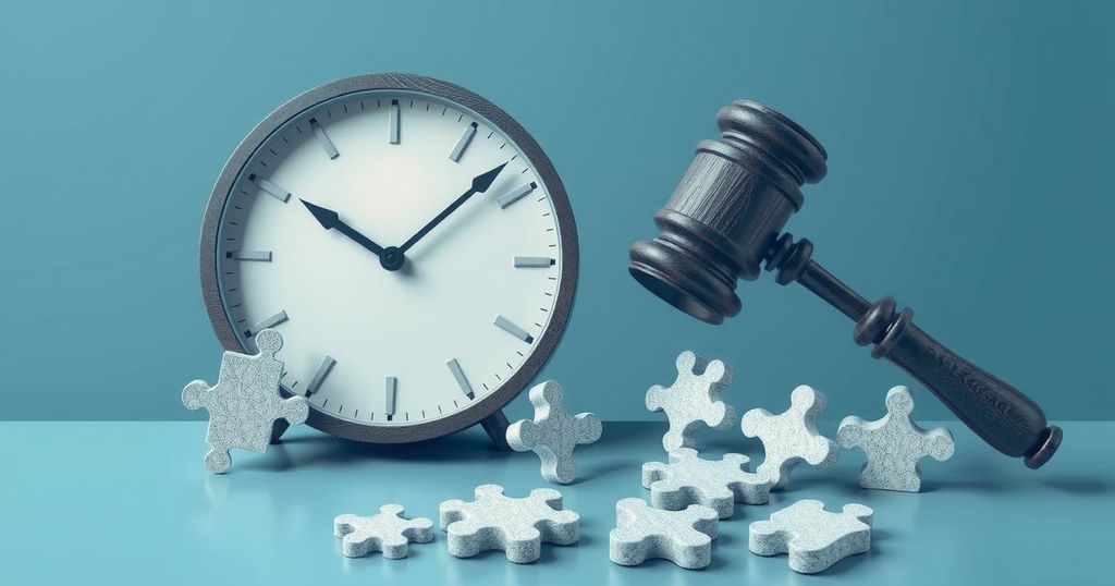 A symbolic representation of legislative process with a clock, gavel, and disconnected puzzle pieces, in a modern style.