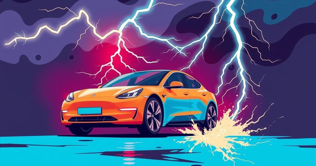 Glimpse of a heated political debate symbolized by an electric vehicle with lightning background in vibrant colors.
