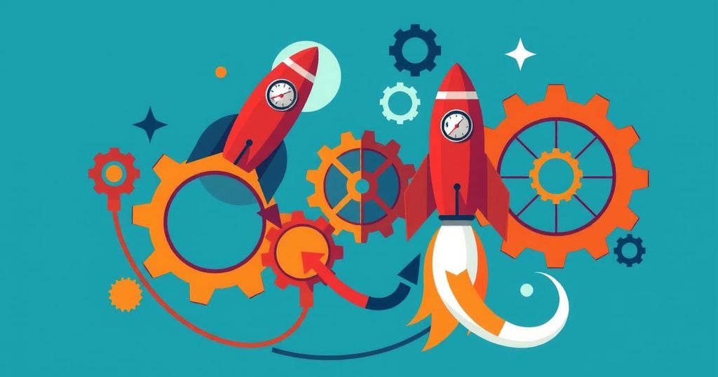 Abstract representation of political tension, featuring grappling gears and rockets, with a vibrant colour palette of blues and oranges.