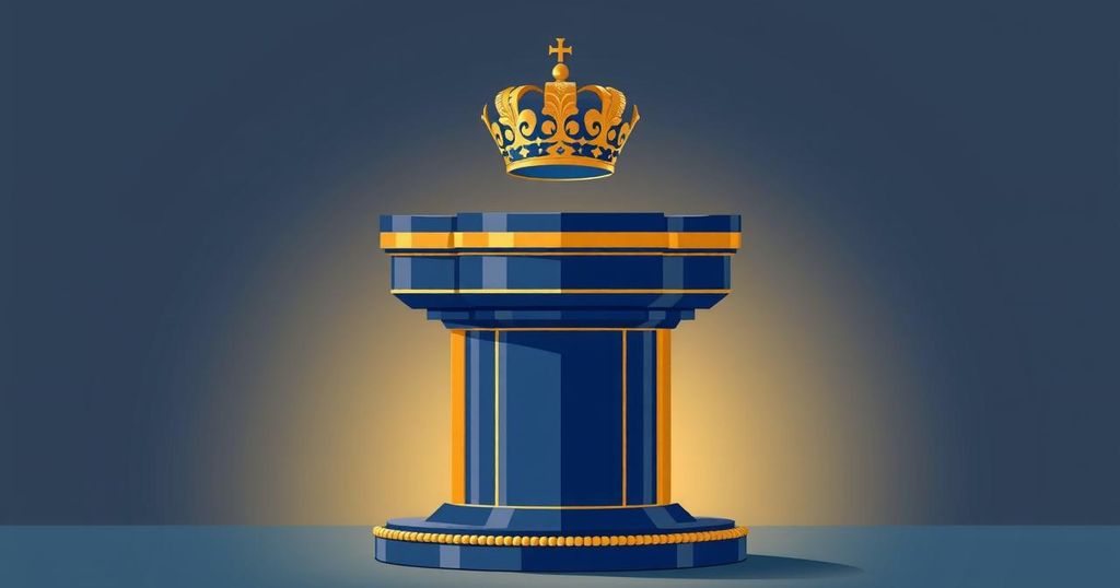 A regal crown resting on a presidential podium with an empty backdrop, symbolising ambitions of leadership.