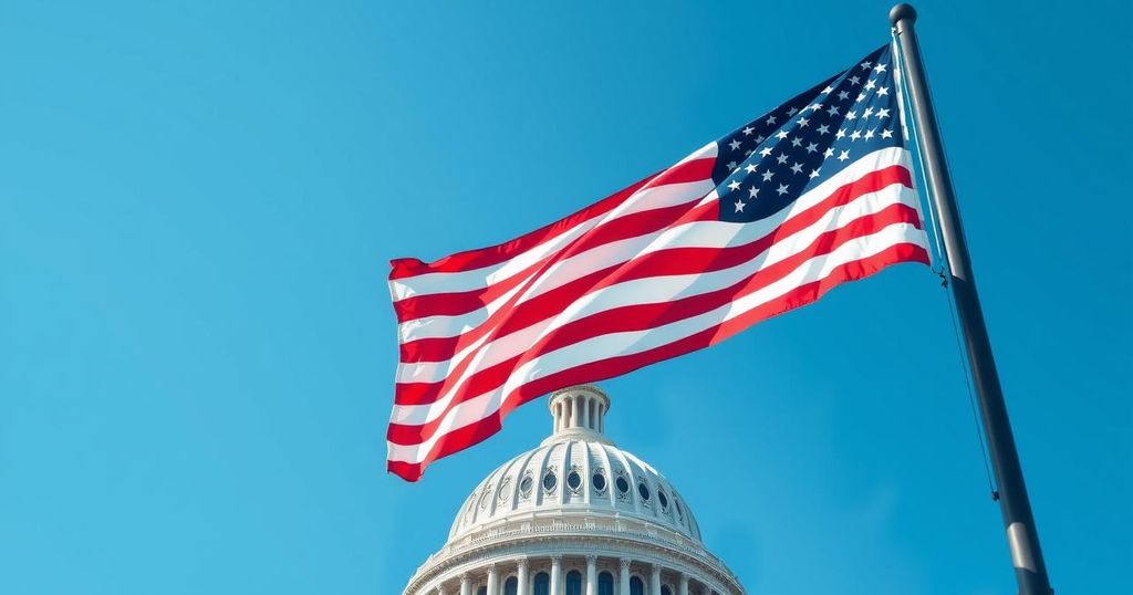 Bendera AS berkibar di Capitol Hill dengan langit biru cerah, simbol kebijakan dan undang-undang penting.