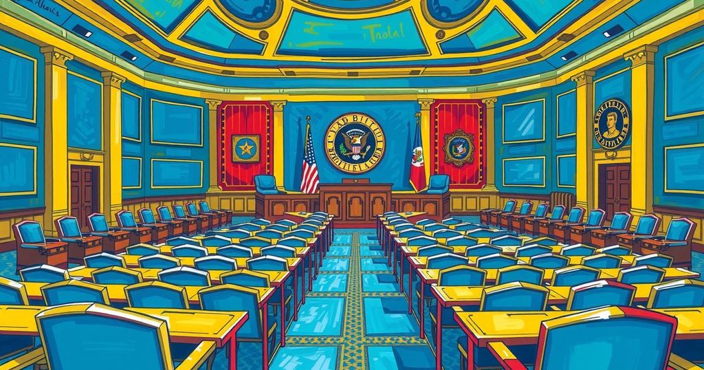 Pemandangan ruang sidang Senat dengan elemen semangat politik dan warna biru serta kuning yang cerah.