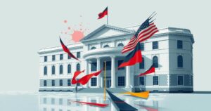 A conceptual representation of a government office setting with abstract elements symbolising change and transition.