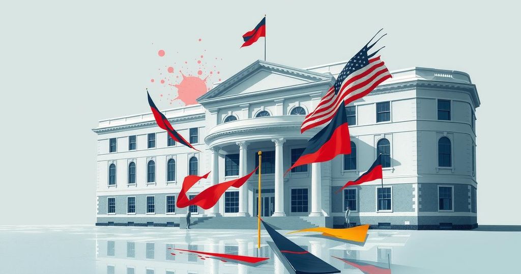 A conceptual representation of a government office setting with abstract elements symbolising change and transition.