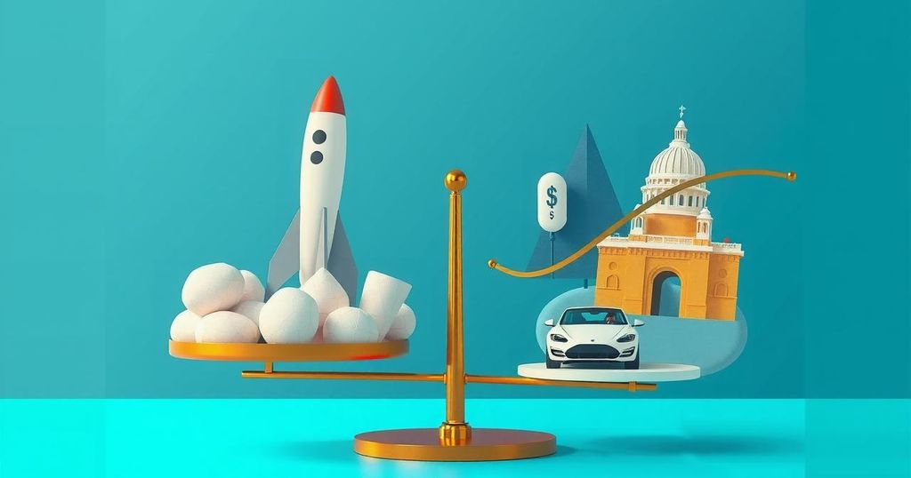 A conceptual artwork depicting a scale balancing rockets and electric cars against symbols of government funding, in vibrant colours.