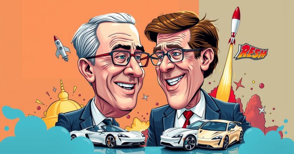 A bold political cartoon depicting two opposing entities in a heated debate, with vibrant colours and exaggerated expressions.