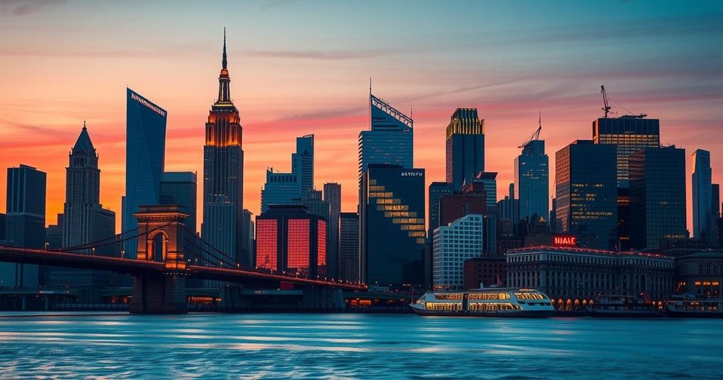 A vibrant New York City skyline at dusk, symbolising political ambition and change in urban leadership.