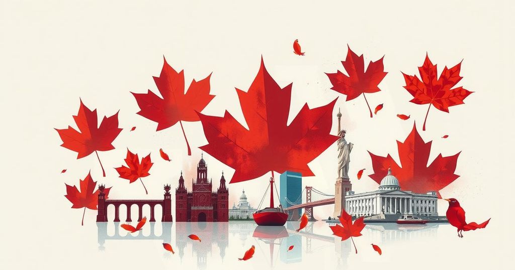An abstract representation of Canadian politics, featuring iconic symbols of Canada and soft tones conveying change.