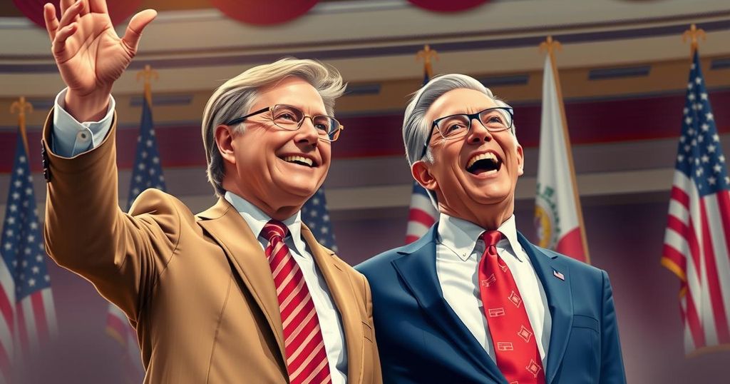 Republican senators celebrating a legislative victory with American flags and state symbols in a vibrant setting.