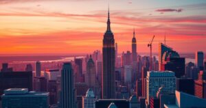 A vibrant New York City skyline at dusk, symbolizing political change and youth engagement in leadership.