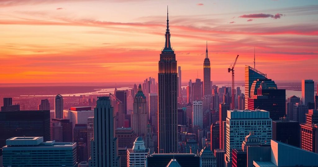A vibrant New York City skyline at dusk, symbolizing political change and youth engagement in leadership.