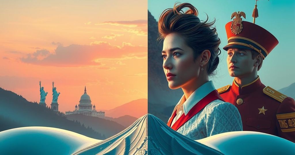 A split landscape illustrating gender divide in politics with contrasting colours representing young men and women.
