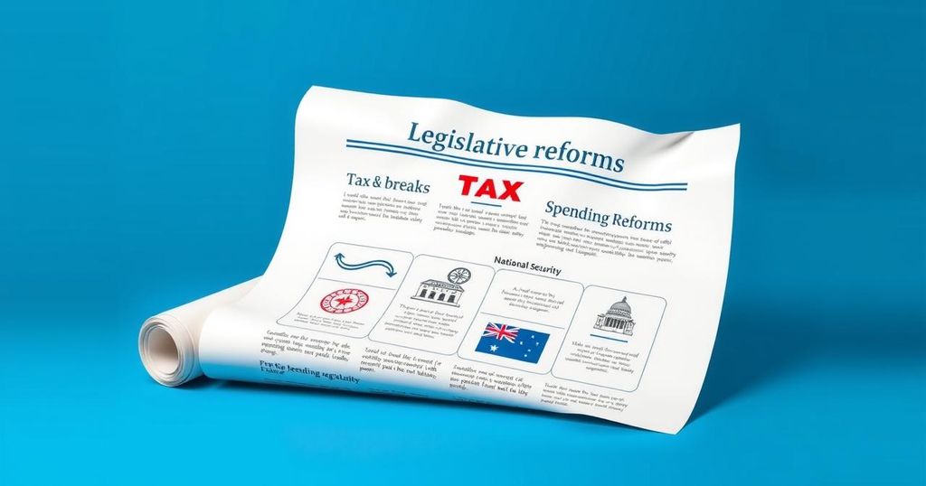 A legislative document highlighting tax cuts, spending cuts, and national security priorities in a legislative context.